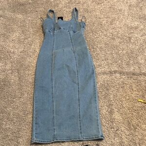 Blue Denim Midi Dress with Slim Paneling